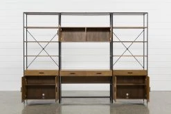 Hollis 3 Piece 115" Desk With Wide Cabinet Piers -Living Spaces Store 225508 brown wood desk and hutch set detail 46