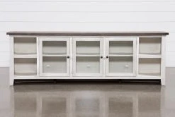Dixon White 97" Tv Stand With Glass Doors -Living Spaces Store 254088 white wood media console front 02