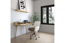 Mayfield Ivory Fabric & Brown Faux Leather Office Chair -Living Spaces Store 304220 beige leather office chair detail 50