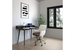 Mayfield Ivory Fabric & Brown Faux Leather Office Chair -Living Spaces Store 304220 beige leather office chair detail 51