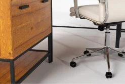 Hollis 3Pc Corner Desk + Moby White High Back Rolling Office Chair -Living Spaces Store 309918 brown wood desk and chair set detail 44