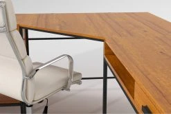 Hollis 3Pc Corner Desk + Moby White High Back Rolling Office Chair -Living Spaces Store 309918 brown wood desk and chair set detail 45