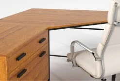 Hollis 3Pc Corner Desk + Moby White High Back Rolling Office Chair -Living Spaces Store 309918 brown wood desk and chair set detail 46