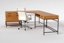 Hollis 3Pc Corner Desk + Moby White High Back Rolling Office Chair -Living Spaces Store 309918 brown wood desk and chair set side 19