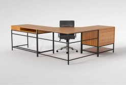 Hollis 3Pc Corner Desk + Moby Grey Low Back Rolling Office Chair -Living Spaces Store 309921 brown wood desk and chair set back 65