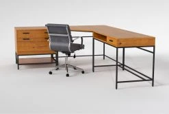 Hollis 3Pc Corner Desk + Moby Grey Low Back Rolling Office Chair -Living Spaces Store 309921 brown wood desk and chair set side 19