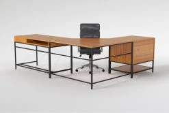 Hollis 3Pc Corner Desk + Moby Grey High Back Rolling Office Chair -Living Spaces Store 309922 brown wood desk and chair set back 65