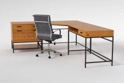 Hollis 3Pc Corner Desk + Moby Grey High Back Rolling Office Chair -Living Spaces Store 309922 brown wood desk and chair set side 19