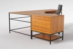 Hollis 3Pc Corner Desk + Moby Grey High Back Rolling Office Chair -Living Spaces Store 309922 brown wood desk and chair set side 20