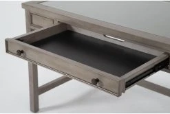 Saybrook 3 Piece Office Set With 54" Writing Desk, 75" Bookcase + File Cabinet -Living Spaces Store 322380 grey wood writing desk detail 44