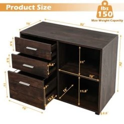 Costway 3-Drawer Wood File Cabinet Mobile Lateral Printer Stand With Open Storage Shelves