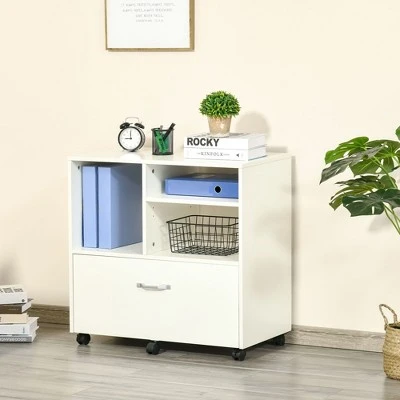 Vinsetto 29" Filling Cabinet, Office Storage Organizer With 4 Shelves, Wheels And Bottom Drawer For Legal And Letter Sized Files, White 3 Vinsetto 29" Filling Cabinet, Office Storage Organizer With 4 Shelves, Wheels And Bottom Drawer For Legal And Letter Sized Files, White