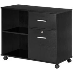 Vinsetto Lateral File Cabinet With Wheels, Mobile Printer Stand With Open Shelves And Drawers For A4 Size Documents, Black -Living Spaces Store GUEST 5adbde49 9e6e 40af 902b e10b8bc4ea46