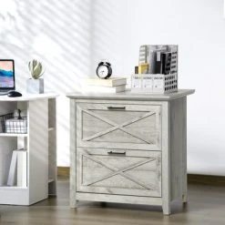 HOMCOM Retro Wooden 2-Drawer Lateral File Chest Cabinet Pedestal For Document Storage With Hanging Bar For Letter/Legal Size, Gray