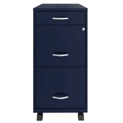 Space Solutions 18 Inch Wide Metal Mobile Organizer File Cabinet For Office Supplies & Hanging File Folders With Pencil Drawer & 3 File Drawers, Navy