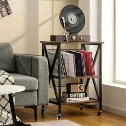Costway 3-tier Rolling Turntable Stand Vinyl Record Storage Shelf With 3 Dividers & Wheels