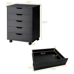 Costway 5 Drawer Chest Storage Dresser Floor Cabinet Organizer With Wheels Black